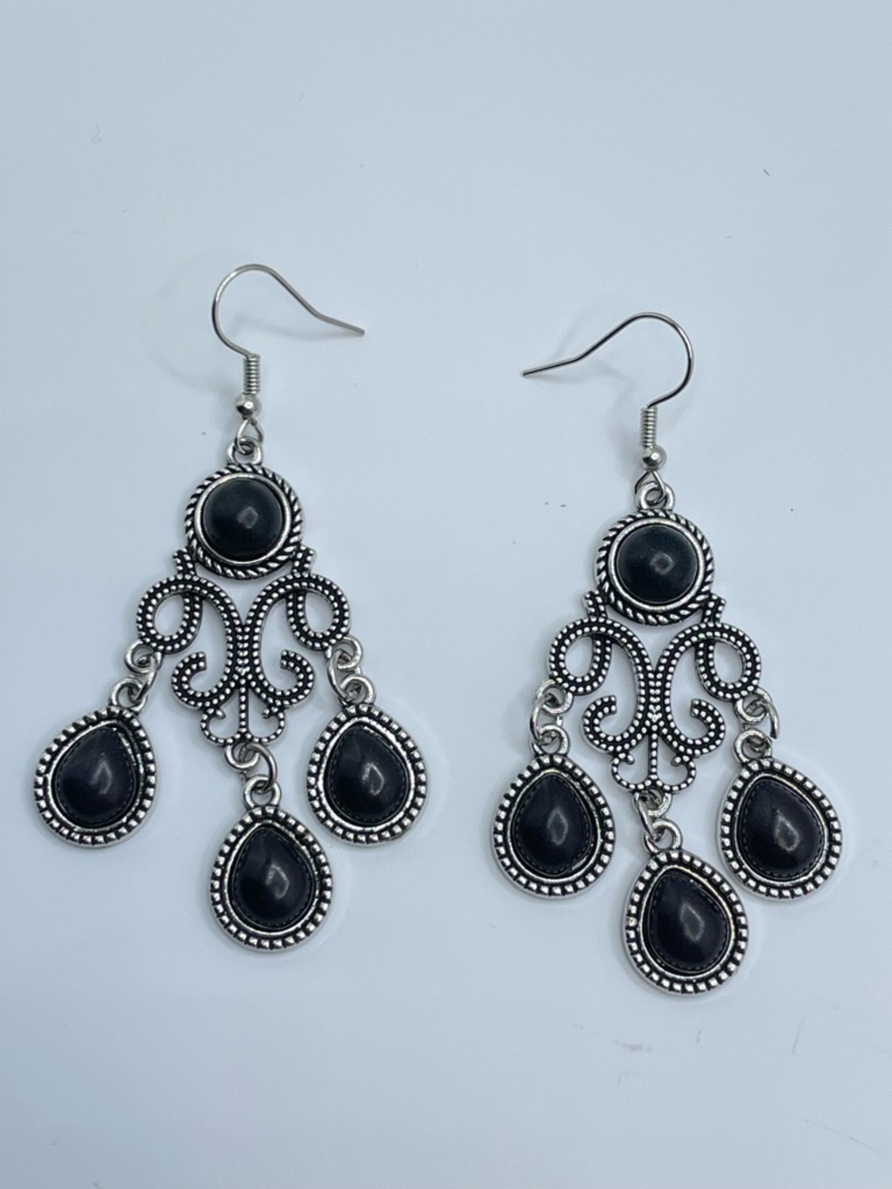 Silver Tone Black Acrylic Dangle Earrings Boho Filigree Statement
